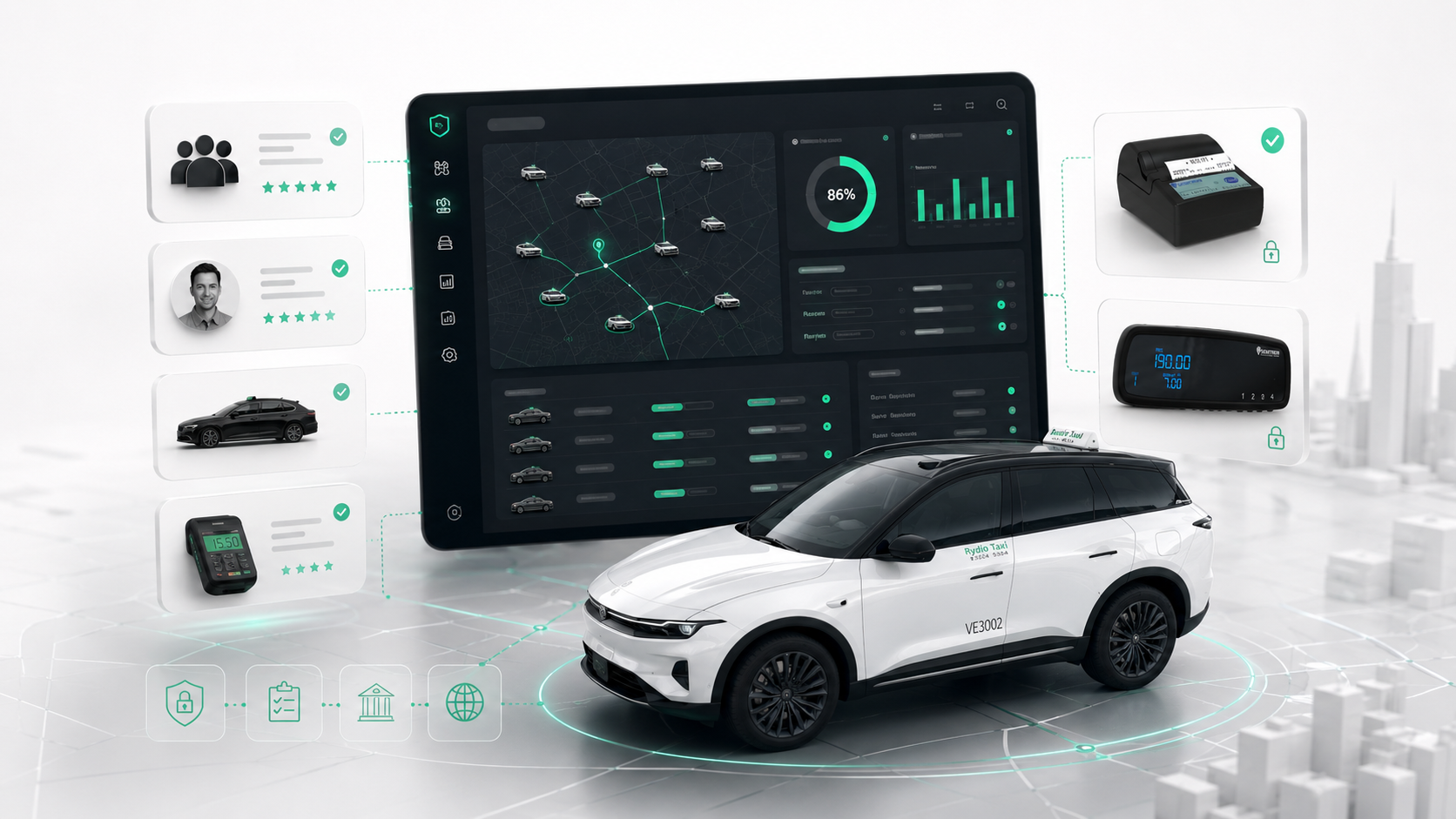 Plukk Taxi teknologivisual med dashboard, kjøretøy, taximeter og printer